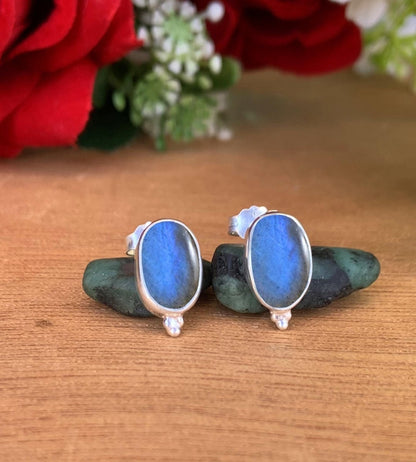 Oval Labradorite Stud Earrings - 925 Sterling Silver Handmade Jewelry Gift - BeadsBoatInc