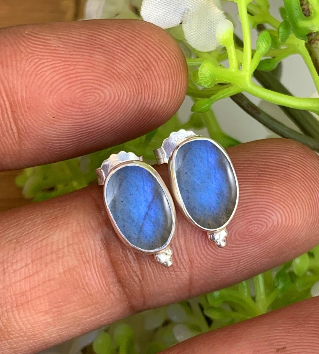 Oval Labradorite Stud Earrings - 925 Sterling Silver Handmade Jewelry Gift - BeadsBoatInc