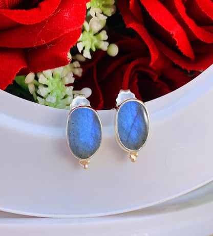 Oval Labradorite Stud Earrings - 925 Sterling Silver Handmade Jewelry Gift - BeadsBoatInc