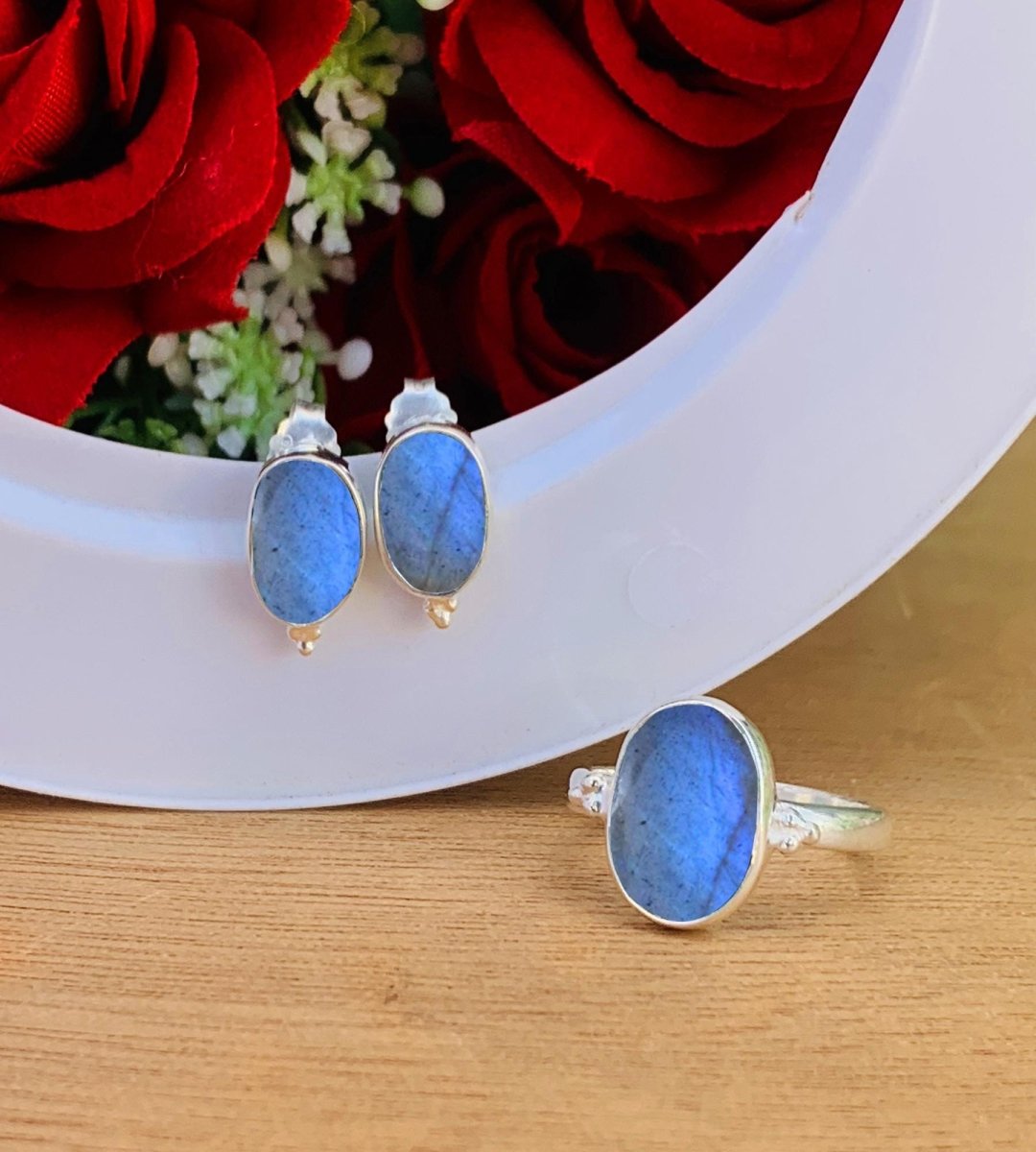 Oval Labradorite Stud Earrings - 925 Sterling Silver Handmade Jewelry Gift - BeadsBoatInc