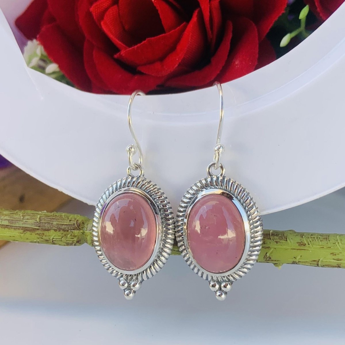 Oval Rose Quartz Dangle Earrings in 925 Sterling Silver - BeadsBoatInc