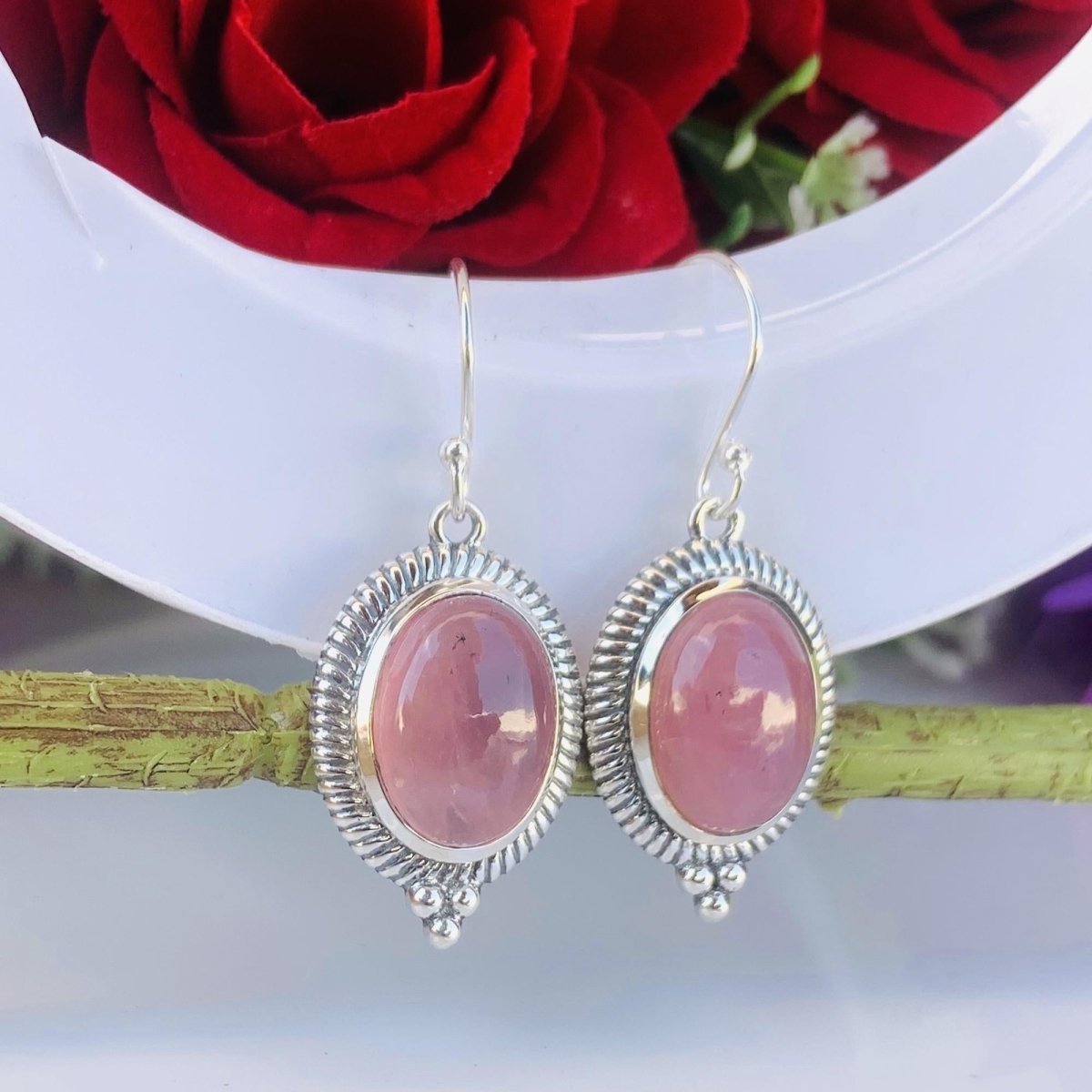Oval Rose Quartz Dangle Earrings in 925 Sterling Silver - BeadsBoatInc