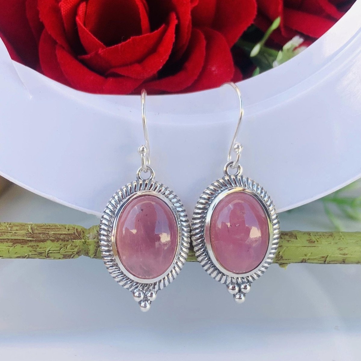 Oval Rose Quartz Dangle Earrings in 925 Sterling Silver - BeadsBoatInc