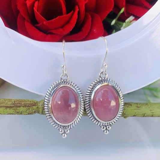 Oval Rose Quartz Dangle Earrings in 925 Sterling Silver - BeadsBoatInc
