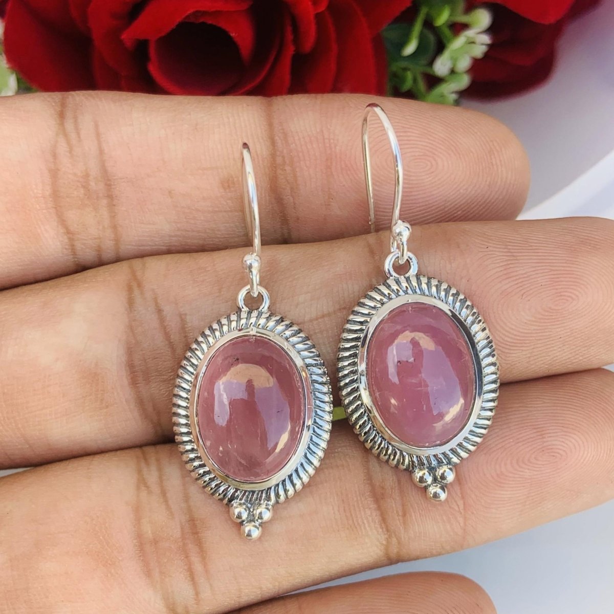 Oval Rose Quartz Dangle Earrings in 925 Sterling Silver - BeadsBoatInc