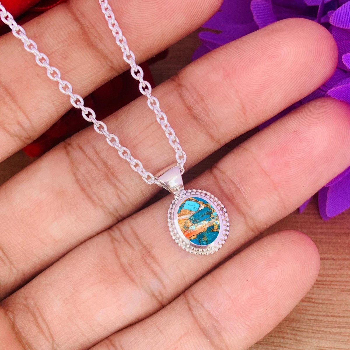 Oyster Turquoise Necklace – Dainty Silver Boho Pendant, Gift for Her - BeadsBoatInc