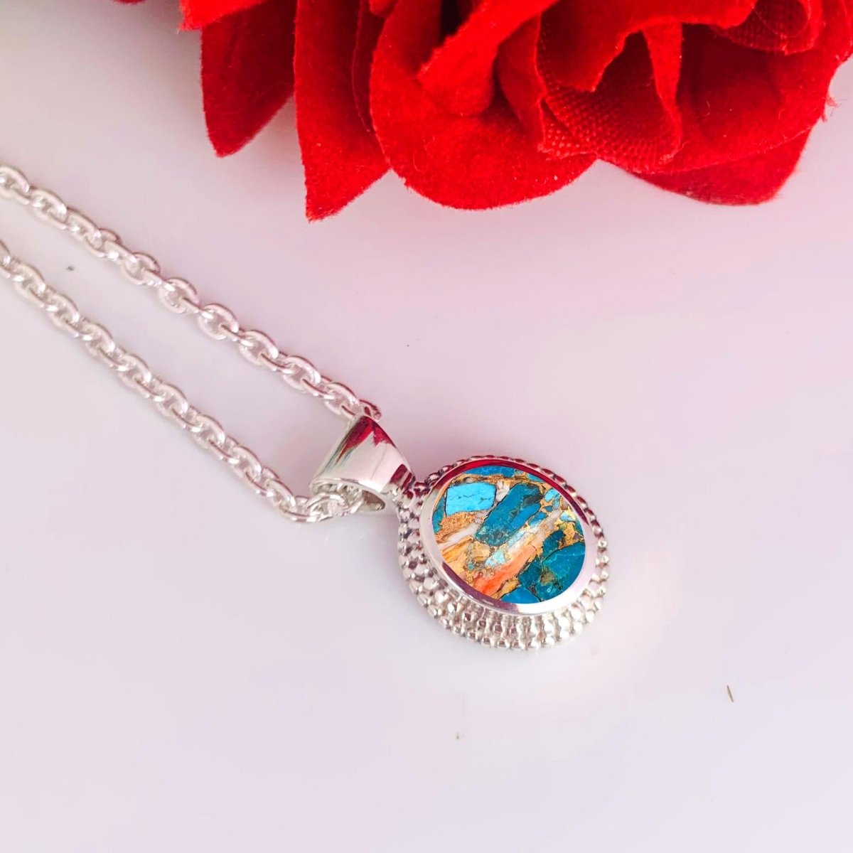 Oyster Turquoise Necklace – Dainty Silver Boho Pendant, Gift for Her - BeadsBoatInc