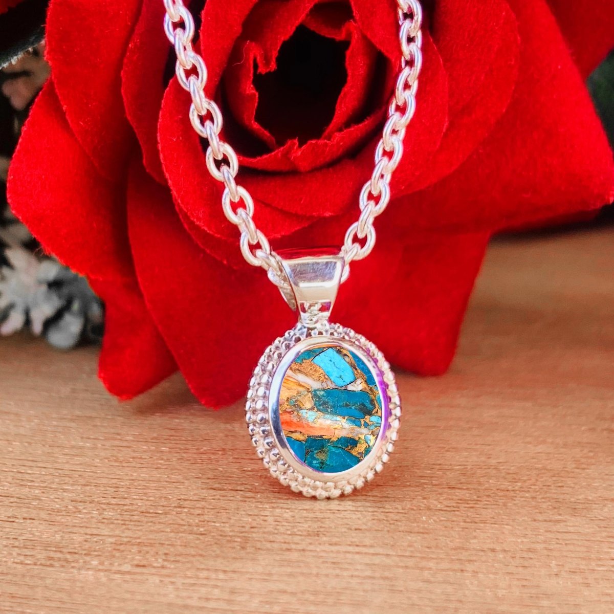 Oyster Turquoise Necklace – Dainty Silver Boho Pendant, Gift for Her - BeadsBoatInc