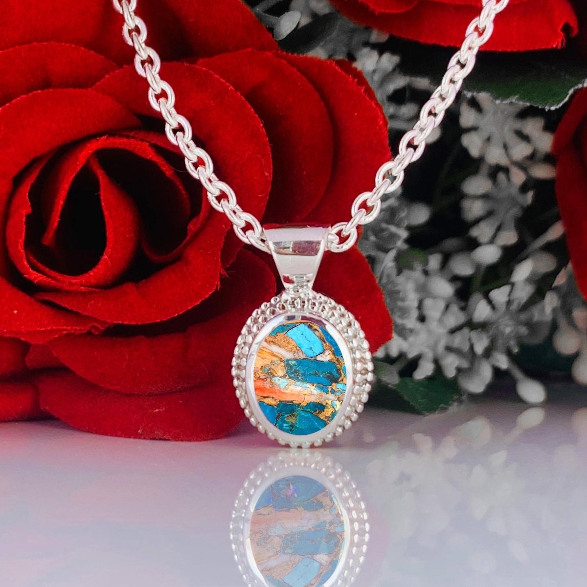 Oyster Turquoise Necklace – Dainty Silver Boho Pendant, Gift for Her - BeadsBoatInc