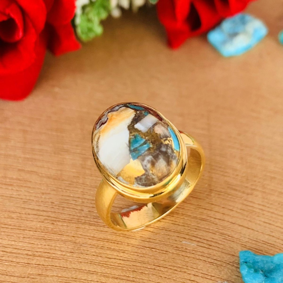 Oyster Turquoise Ring ~ 18k Gold Statement Ring ~ Oval Shape Stone ~ vermeil Gold Ring ~ Ring For Her ~ Chunky Ring ~ R-0084 - BeadsBoatInc
