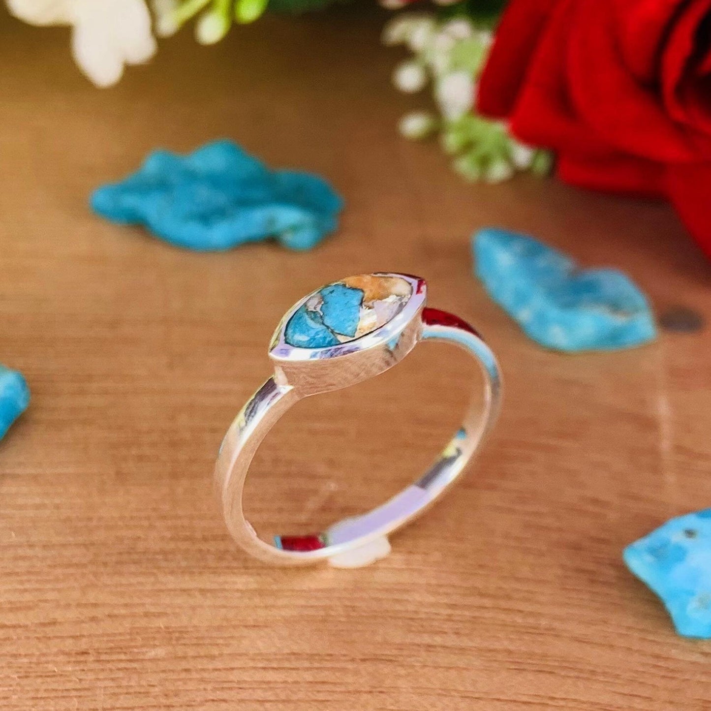 Oyster Turquoise Stacking Ring – Dainty 925 Sterling Silver Boho Ring - BeadsBoatInc