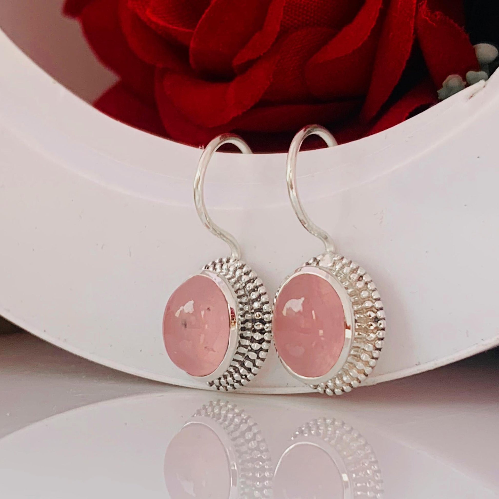 Pastel Oval Pink Rose Quartz Dangle Earrings - Dainty 925 Silver Jewelry - BeadsBoatInc