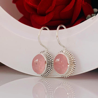 Pastel Oval Pink Rose Quartz Dangle Earrings - Dainty 925 Silver Jewelry - BeadsBoatInc