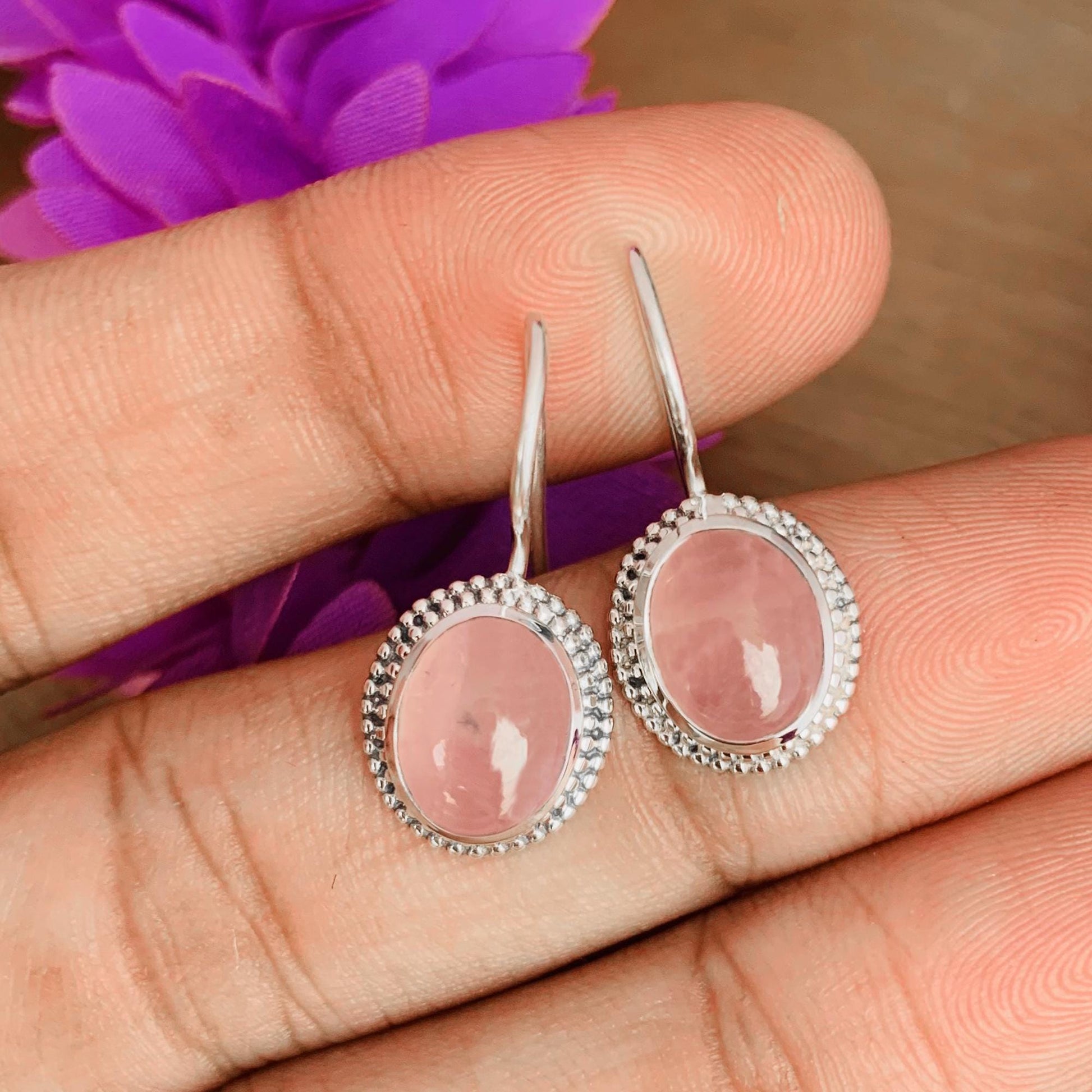Pastel Oval Pink Rose Quartz Dangle Earrings - Dainty 925 Silver Jewelry - BeadsBoatInc