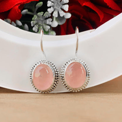 Pastel Oval Pink Rose Quartz Dangle Earrings - Dainty 925 Silver Jewelry - BeadsBoatInc