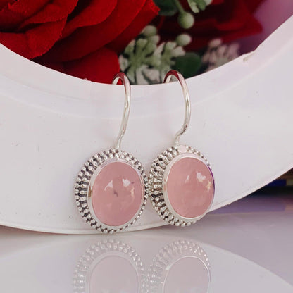Pastel Oval Pink Rose Quartz Dangle Earrings - Dainty 925 Silver Jewelry - BeadsBoatInc