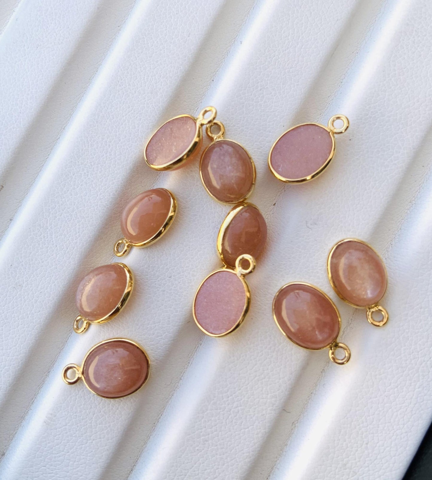 Peach Moonstone Jewelry Components ~ Silver and Gold Connectors ~ Oval Shape Link Components ~ Bezel Charm for Earring, Necklace, Bracelets - BeadsBoatInc