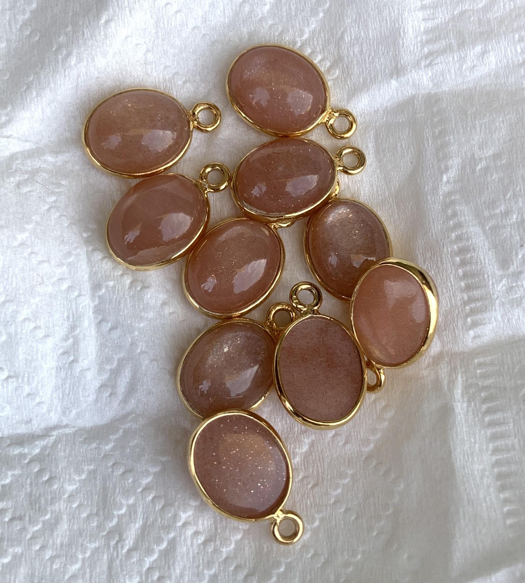 Peach Moonstone Jewelry Components ~ Silver and Gold Connectors ~ Oval Shape Link Components ~ Bezel Charm for Earring, Necklace, Bracelets - BeadsBoatInc