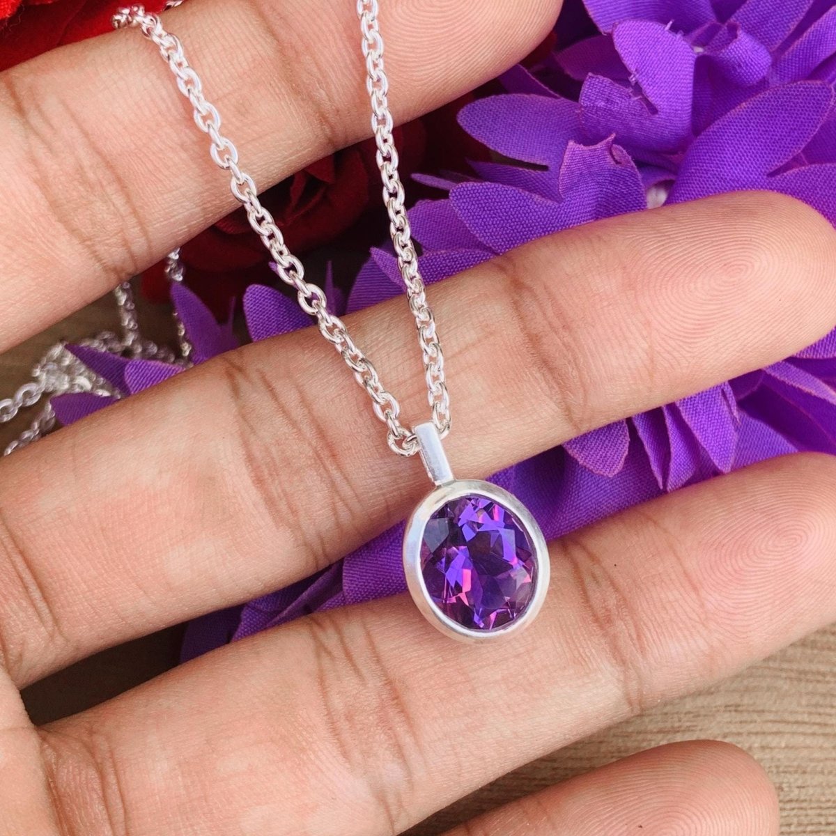 Pear Amethyst 925 Sterling Silver Necklace - Dainty Gold Finish Promise Birthstone - BeadsBoatInc