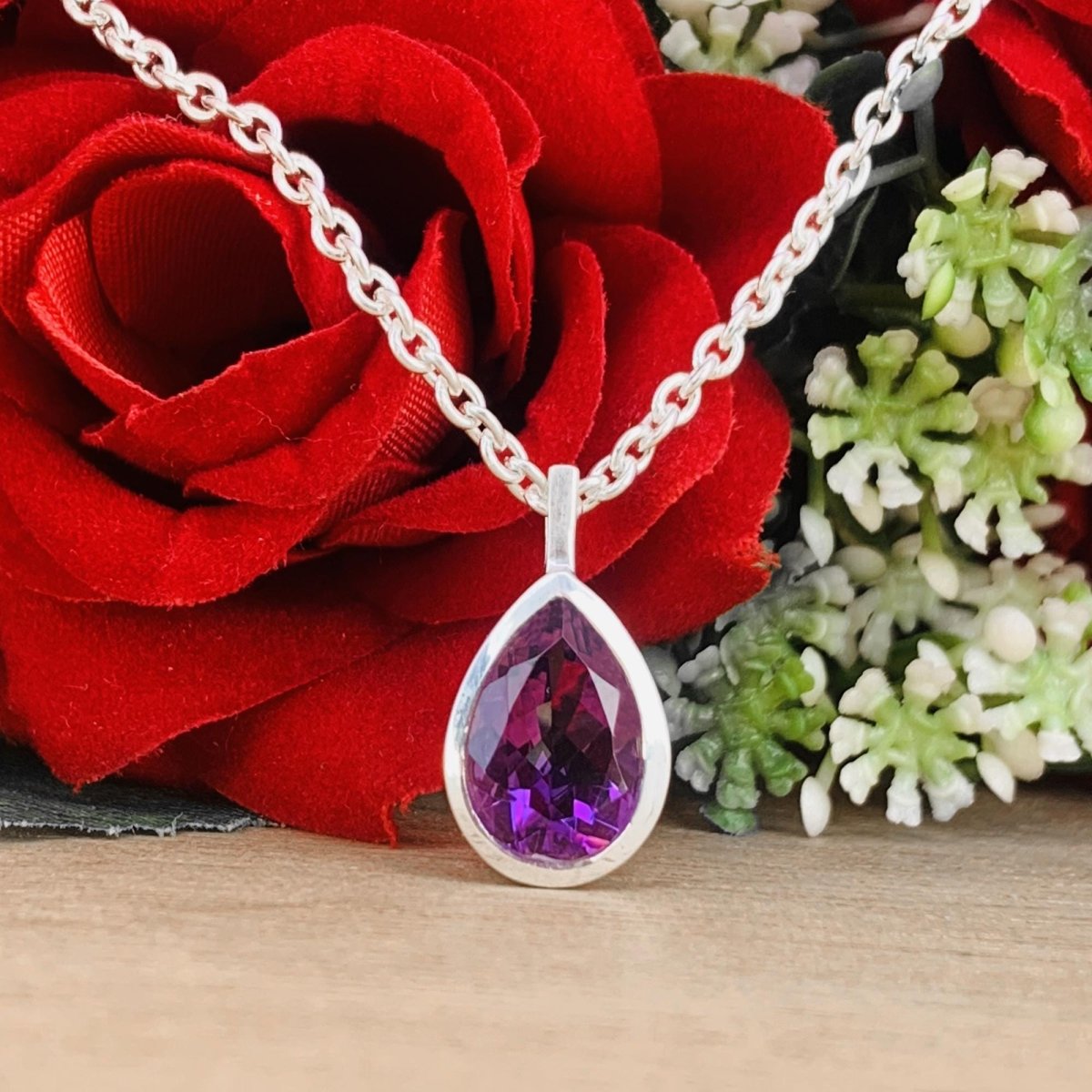 Pear Amethyst 925 Sterling Silver Necklace Gold Finish - BeadsBoatInc
