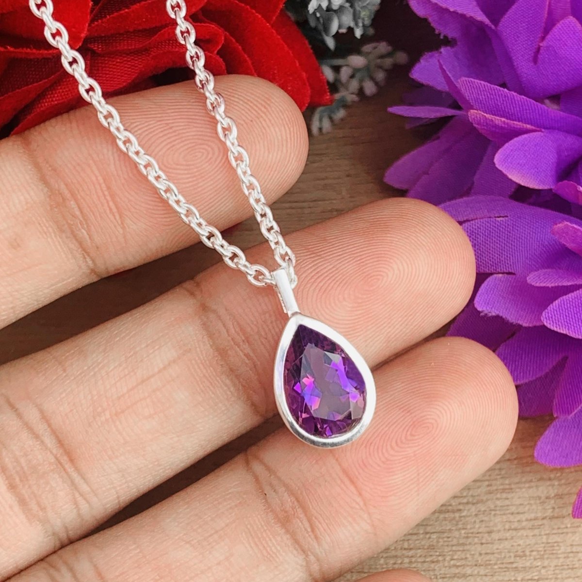 Pear Amethyst 925 Sterling Silver Necklace Gold Finish - BeadsBoatInc
