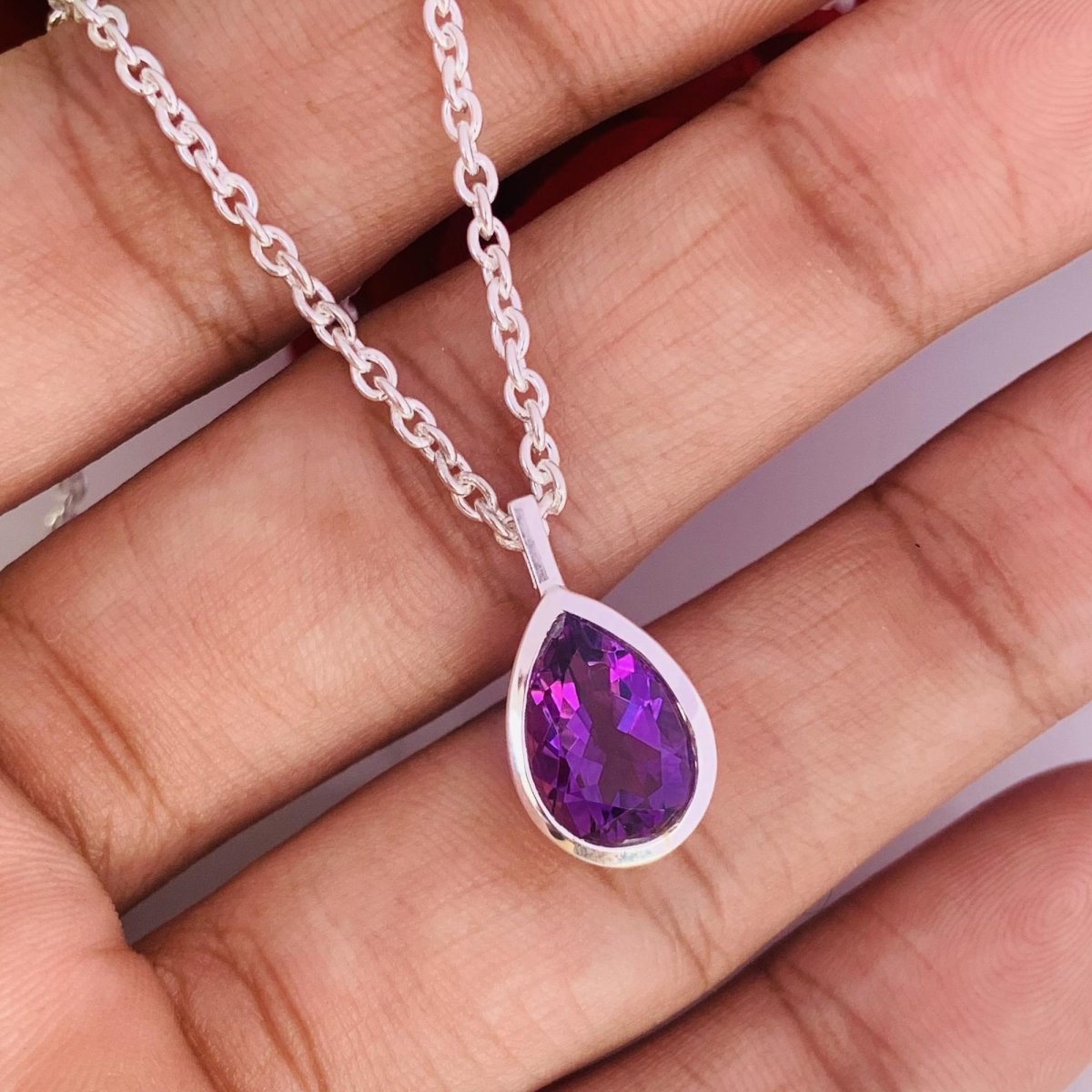 Pear Amethyst 925 Sterling Silver Necklace Gold Finish - BeadsBoatInc