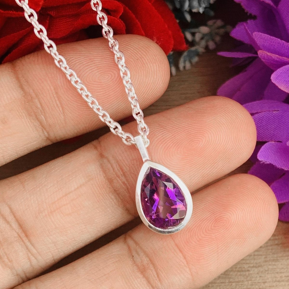 Pear Amethyst 925 Sterling Silver Necklace Gold Finish - BeadsBoatInc