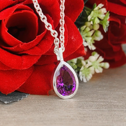 Pear Amethyst 925 Sterling Silver Necklace Gold Finish - BeadsBoatInc