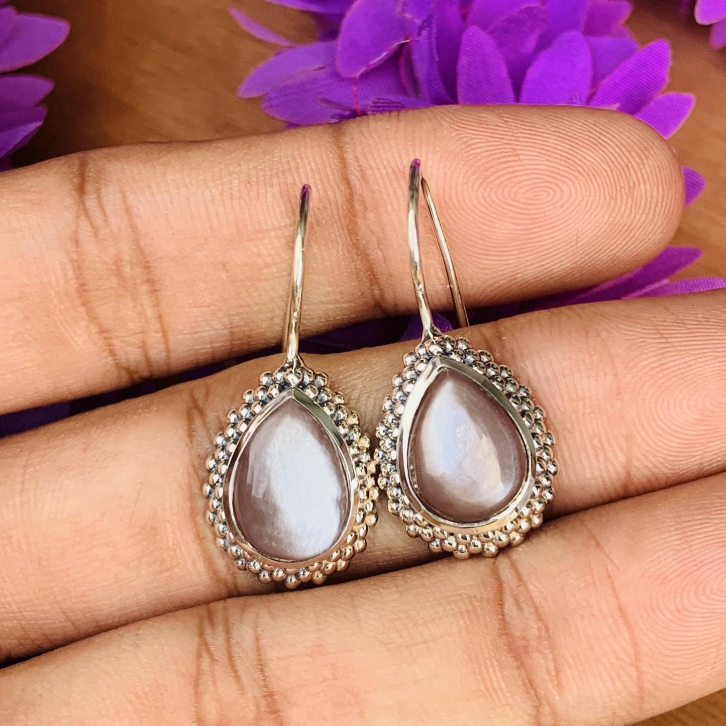 Pear Cut Chocolate Silk Moonstone Earrings - 925 Silver Dangle Drops - BeadsBoatInc