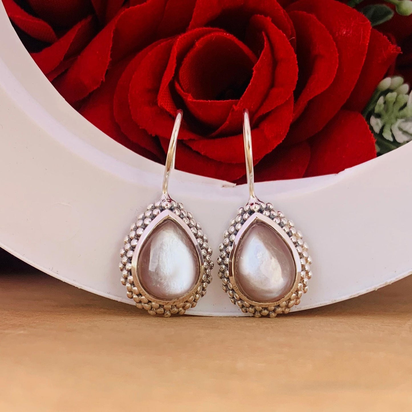 Pear Cut Chocolate Silk Moonstone Earrings - 925 Silver Dangle Drops - BeadsBoatInc