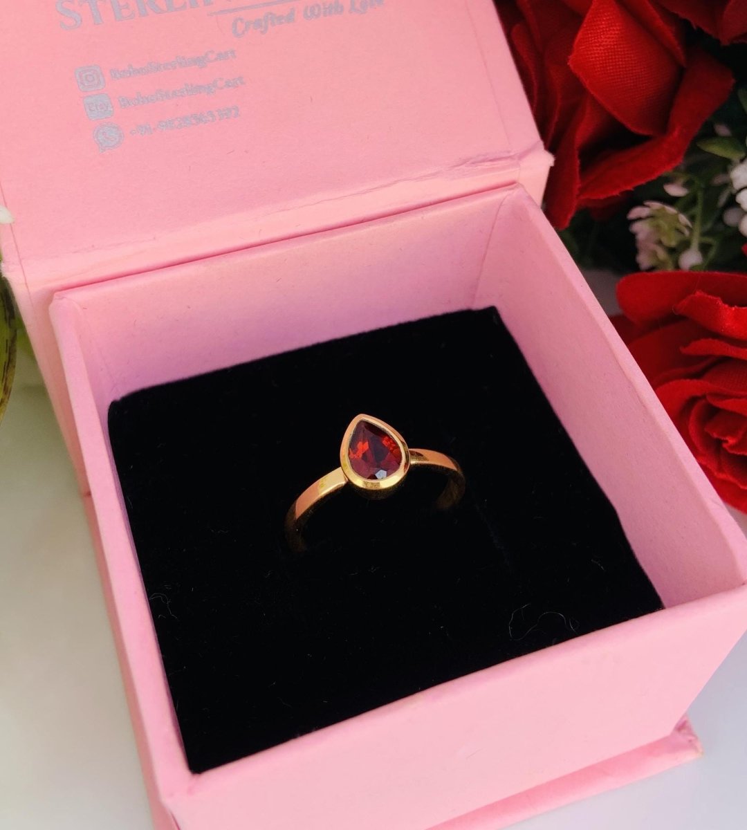 Pear Cut Garnet Gold Ring ~ 18k Gold Promise Ring ~ January Birthstone Ring ~ Deliciated Silver Jewelry ~ Stacking Ring ~ Gift For Her - BeadsBoatInc