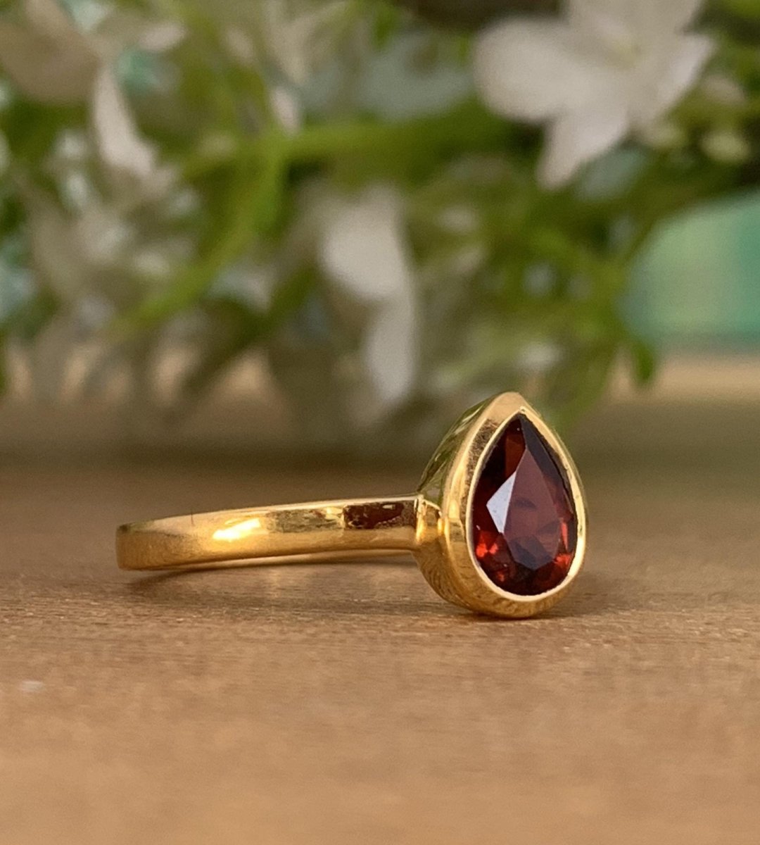 Pear Cut Garnet Gold Ring ~ 18k Gold Promise Ring ~ January Birthstone Ring ~ Deliciated Silver Jewelry ~ Stacking Ring ~ Gift For Her - BeadsBoatInc