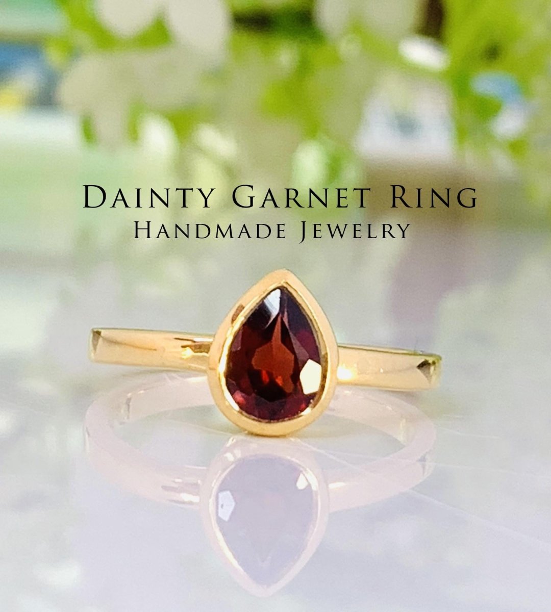 Pear Cut Garnet Gold Ring ~ 18k Gold Promise Ring ~ January Birthstone Ring ~ Deliciated Silver Jewelry ~ Stacking Ring ~ Gift For Her - BeadsBoatInc