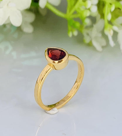 Pear Cut Garnet Gold Ring ~ 18k Gold Promise Ring ~ January Birthstone Ring ~ Deliciated Silver Jewelry ~ Stacking Ring ~ Gift For Her - BeadsBoatInc