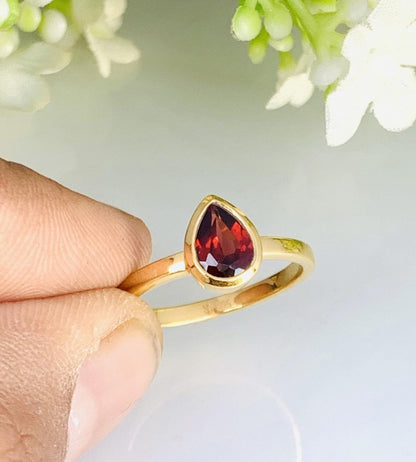 Pear Cut Garnet Gold Ring ~ 18k Gold Promise Ring ~ January Birthstone Ring ~ Deliciated Silver Jewelry ~ Stacking Ring ~ Gift For Her - BeadsBoatInc