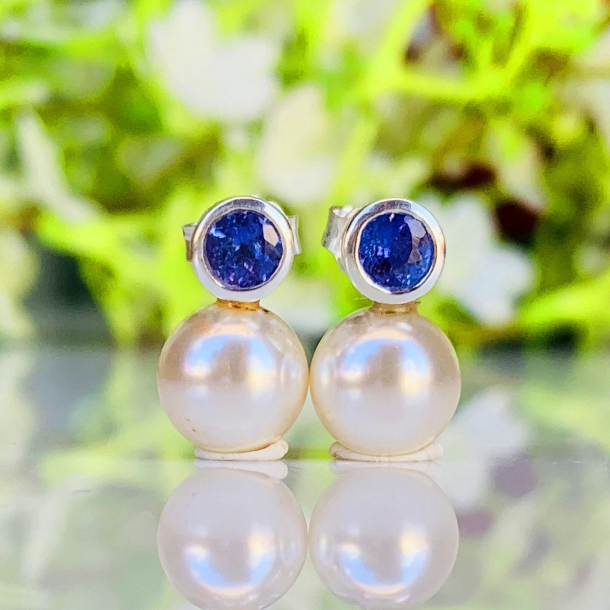 Pearl & Tanzanite Studs ~ 925 Sterling Silver Studs ~ Push Back ~ Smooth Pearl Dainty Studs ~ Birthday Gift For Her ~ E - 0002 - BeadsBoatInc