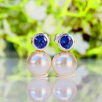 Pearl & Tanzanite Studs ~ 925 Sterling Silver Studs ~ Push Back ~ Smooth Pearl Dainty Studs ~ Birthday Gift For Her ~ E - 0002 - BeadsBoatInc
