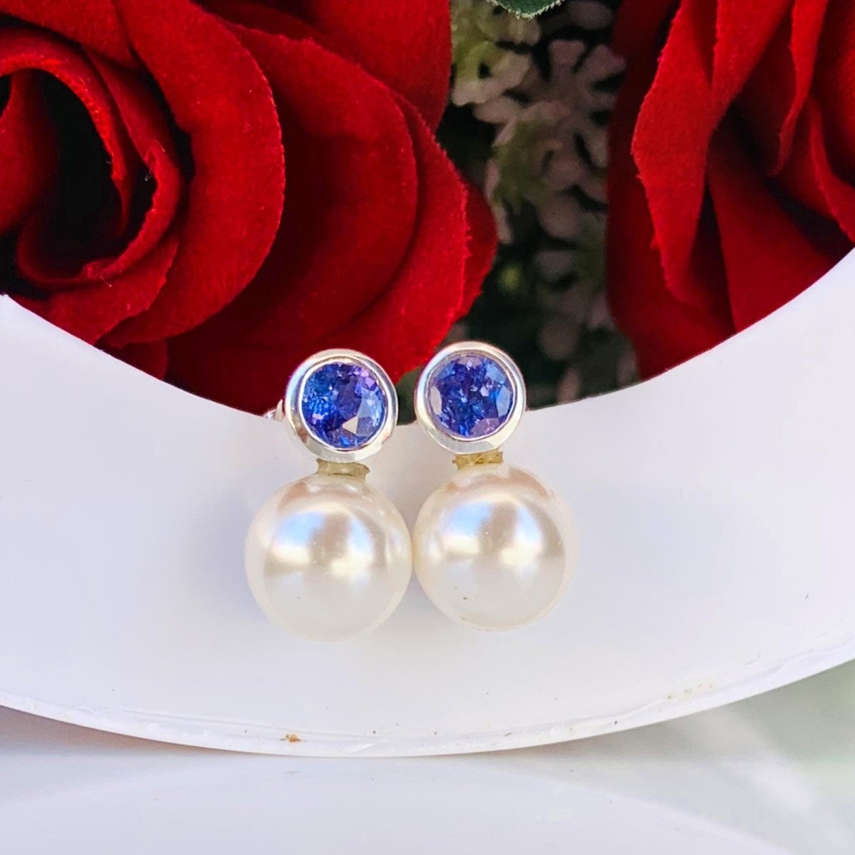 Pearl & Tanzanite Studs ~ 925 Sterling Silver Studs ~ Push Back ~ Smooth Pearl Dainty Studs ~ Birthday Gift For Her ~ E - 0002 - BeadsBoatInc
