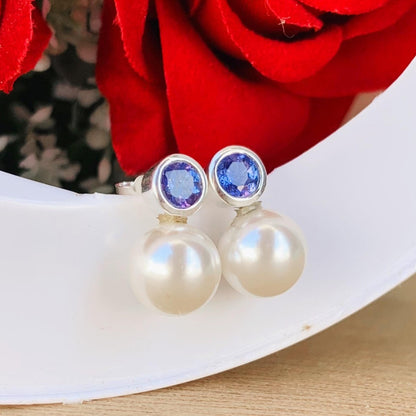 Pearl & Tanzanite Studs ~ 925 Sterling Silver Studs ~ Push Back ~ Smooth Pearl Dainty Studs ~ Birthday Gift For Her ~ E - 0002 - BeadsBoatInc