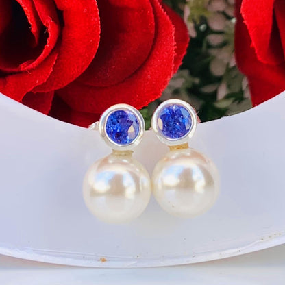 Pearl & Tanzanite Studs ~ 925 Sterling Silver Studs ~ Push Back ~ Smooth Pearl Dainty Studs ~ Birthday Gift For Her ~ E - 0002 - BeadsBoatInc
