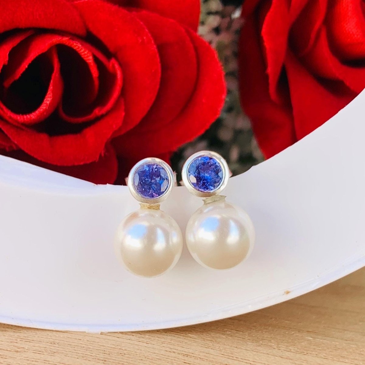 Pearl & Tanzanite Studs ~ 925 Sterling Silver Studs ~ Push Back ~ Smooth Pearl Dainty Studs ~ Birthday Gift For Her ~ E - 0002 - BeadsBoatInc