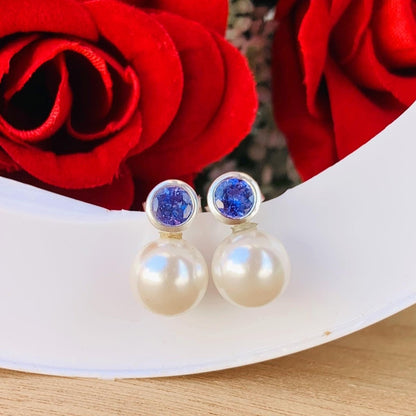 Pearl & Tanzanite Studs ~ 925 Sterling Silver Studs ~ Push Back ~ Smooth Pearl Dainty Studs ~ Birthday Gift For Her ~ E - 0002 - BeadsBoatInc