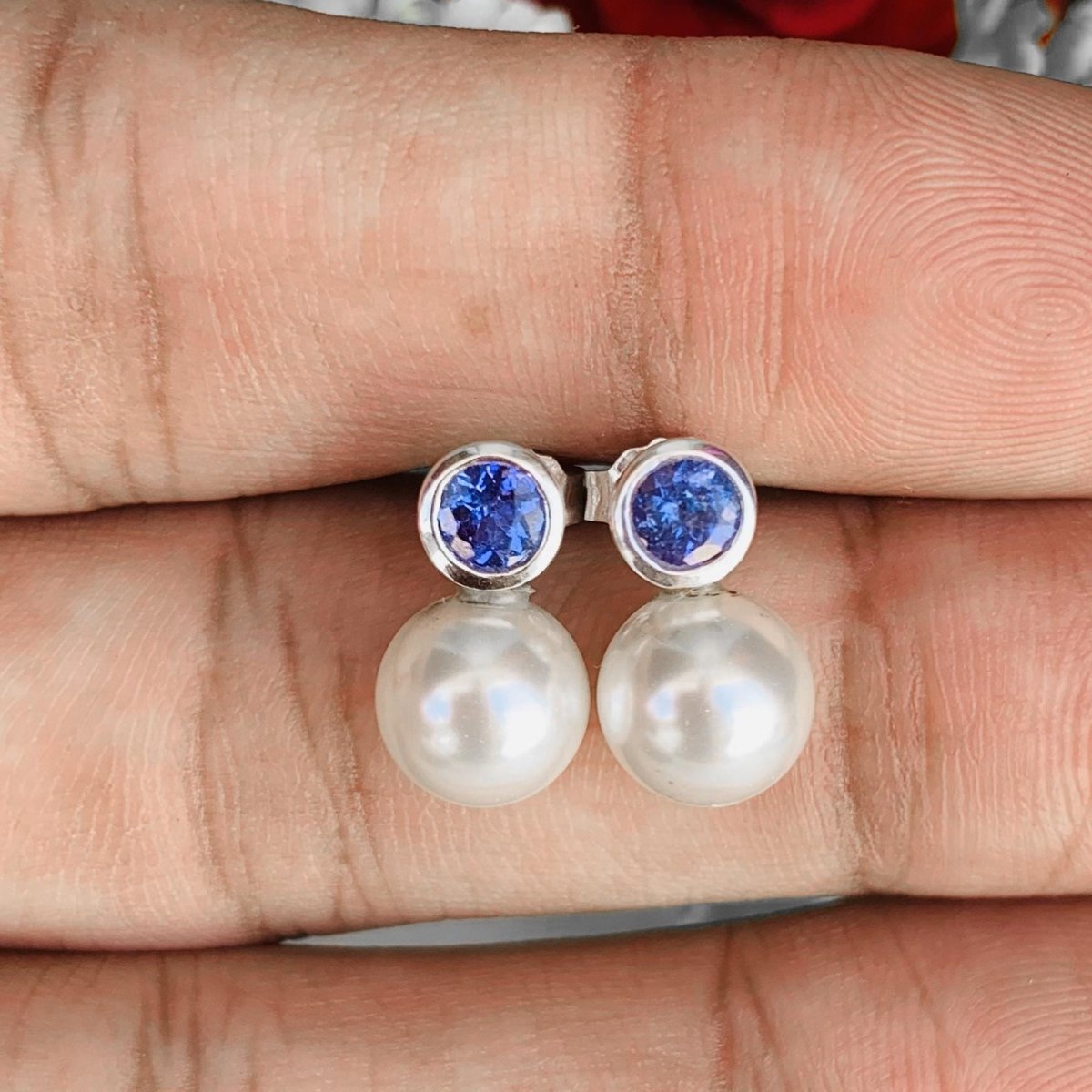 Pearl & Tanzanite Studs ~ 925 Sterling Silver Studs ~ Push Back ~ Smooth Pearl Dainty Studs ~ Birthday Gift For Her ~ E - 0002 - BeadsBoatInc