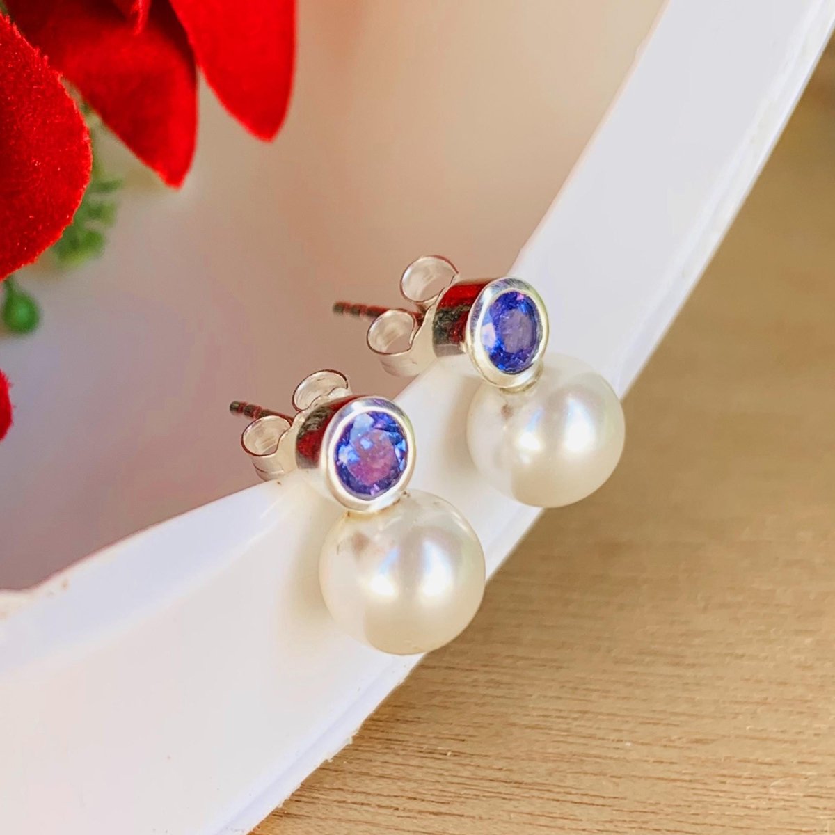 Pearl & Tanzanite Studs ~ 925 Sterling Silver Studs ~ Push Back ~ Smooth Pearl Dainty Studs ~ Birthday Gift For Her ~ E - 0002 - BeadsBoatInc