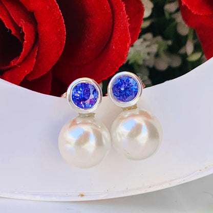 Pearl & Tanzanite Studs ~ 925 Sterling Silver Studs ~ Push Back ~ Smooth Pearl Dainty Studs ~ Birthday Gift For Her ~ E - 0002 - BeadsBoatInc