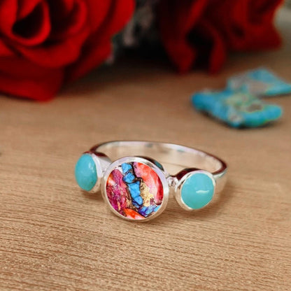 Pearl & Turquoise Ring ~ Promise Ring ~ Trinity Silver Rings ~ Stacking Ring ~ Gift For Mom ~ Birthday Gift For Her ~ 3 Stone Ring ~ R - 0126 - BeadsBoatInc