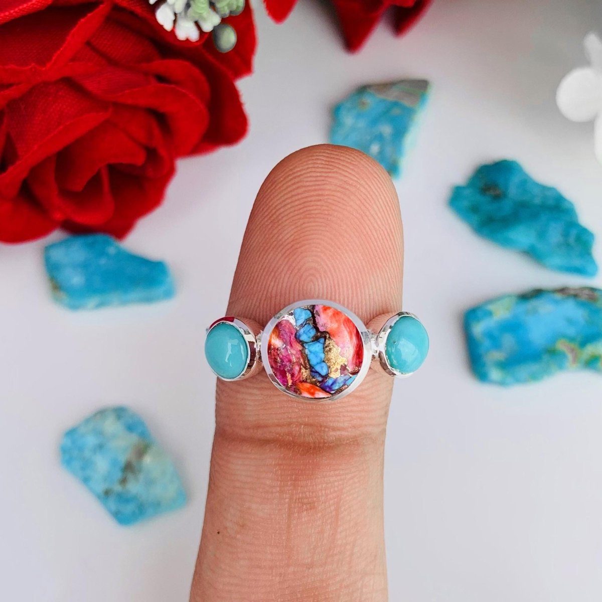Pearl & Turquoise Ring ~ Promise Ring ~ Trinity Silver Rings ~ Stacking Ring ~ Gift For Mom ~ Birthday Gift For Her ~ 3 Stone Ring ~ R - 0126 - BeadsBoatInc