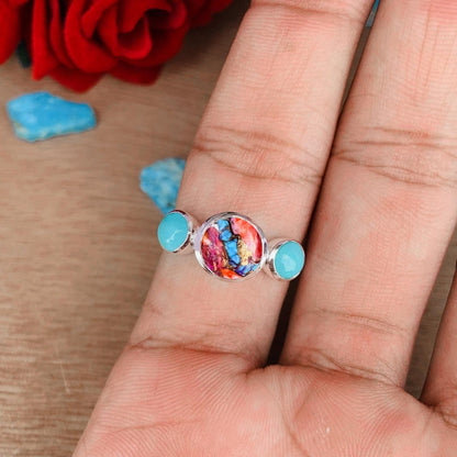 Pearl & Turquoise Ring ~ Promise Ring ~ Trinity Silver Rings ~ Stacking Ring ~ Gift For Mom ~ Birthday Gift For Her ~ 3 Stone Ring ~ R - 0126 - BeadsBoatInc