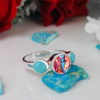 Pearl & Turquoise Ring ~ Promise Ring ~ Trinity Silver Rings ~ Stacking Ring ~ Gift For Mom ~ Birthday Gift For Her ~ 3 Stone Ring ~ R - 0126 - BeadsBoatInc