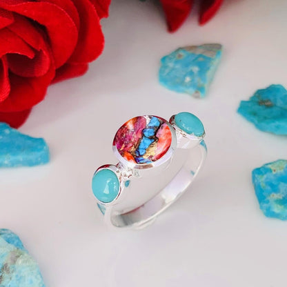 Pearl & Turquoise Ring ~ Promise Ring ~ Trinity Silver Rings ~ Stacking Ring ~ Gift For Mom ~ Birthday Gift For Her ~ 3 Stone Ring ~ R - 0126 - BeadsBoatInc